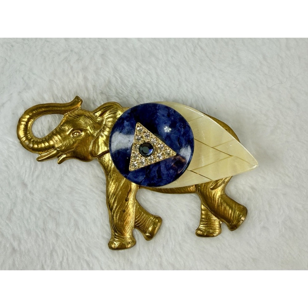 Vintage Gold Tone Elephant Brooch Pin Evil Eye Lapis Blue Accent Good Luck 1980s